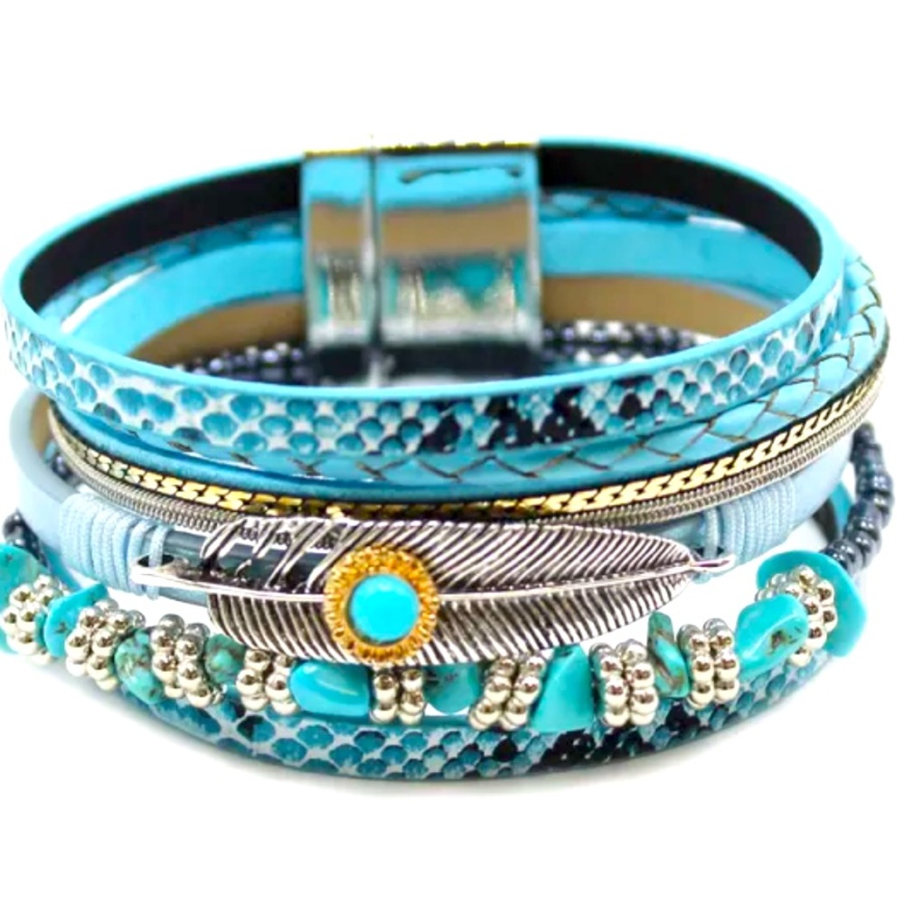 Silver tone & Turquoise stone with blue faux snakeskin, magnetic clasp Bracelet